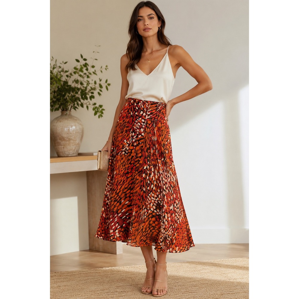 Altuzarra Abstract Print Midi Skirt Women's Size 42 Orange Brown A-Line Viscose